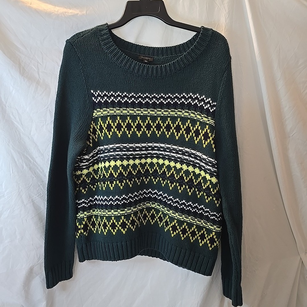 Talbots Women's Diamond Fair Isle Crewneck Sweater Green Yellow Size L‎ Boho